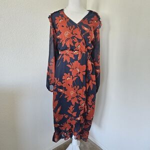 52Seven Navy and Rust Floral Chiffon Wrap Dress Long Sleeve Size 8